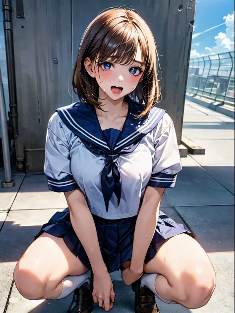 (((perfect anatomy, anatomically correct, super detailed skin))), 1 girl, japanese, high school girl, shiny skin, watching the viewer, 
beautiful hair, beautiful face, beautiful detailed eyes, (short hair:1.1, bob cut:1.2), dark blonde hair:1, blue eyes, babyface, mole under eye, 
beautiful clavicle, beautiful body, beautiful breasts, large breasts:0.5, beautiful thighs, beautiful legs, 
((short sleeves, all navy cute sailor suit, navy pleated skirt, navy sailor collar, blue sailor scarf, socks, brown loafers)), seductive thighs, , 
((ahegao, ashamed, droolng, open mouth, sweaty)), ((squatting, spread legs, hand in panties, lifting skirt myself)), 
(beautiful scenery), summer, school rooftop, building, chain-link fence, 
8k, top quality, masterpiece​:1.2, extremely detailed), (photorealistic), beautiful illustration, natural lighting, ,