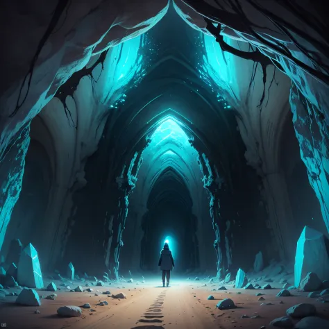 Scenery inside a cave where many crystals are existing , neon_outlines