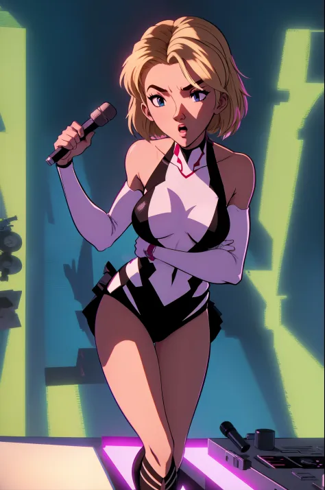 "A solo hip hop gangtsa shot featuring  
gwen stacy holding a mic and on stage showcasing her skill as a rapper.. badass on the mic spitting sick ass bars yo !" DealWithIt  evangelion anime style