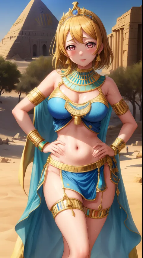 Koizumi hanayo, bangs, beautiful, beautiful woman, perfect body, sexy pose,beautiful female model,facial details,(sedative:1.2),glowing eyes,detailed body part details,looking at viewer,arrogant,(one hand on hip one hand on hair),thighs,navel,midriff,cleav...
