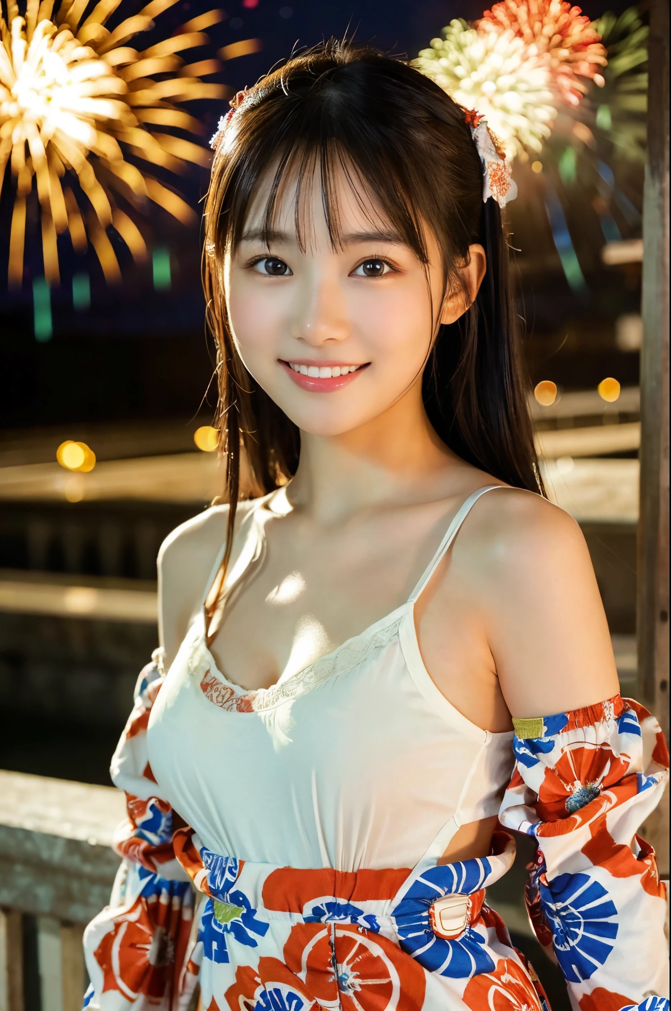 ulzzang -6500-v1.1, (Raw photo:1.2), (Photorealsitic), a beautiful detailed girl, (Real: 1.4), extremely detailed eye and face, ((Yukata with red floral pattern;1.3))、((Fireworks in the background:1.2)), selfee, Instagram、game_nffsw, huge filesize, hight resolution, ighly detailed, top-quality, [​masterpiece:1.6], illustratio, ighly detailed, nffsw, finely detail, top-quality, 8k wallpaper, Cinematographic lighting, 1girl in, 17 age, perfect body type, cute droopy eyes beautiful big eyes、Pieckfinger, ((masutepiece)), Best Quality, eye shadow,  Portrait, ((FULL BODYSHOT:1.4))、(Very affectionate smile:1.2)、realistic skin textures、shinny skin、