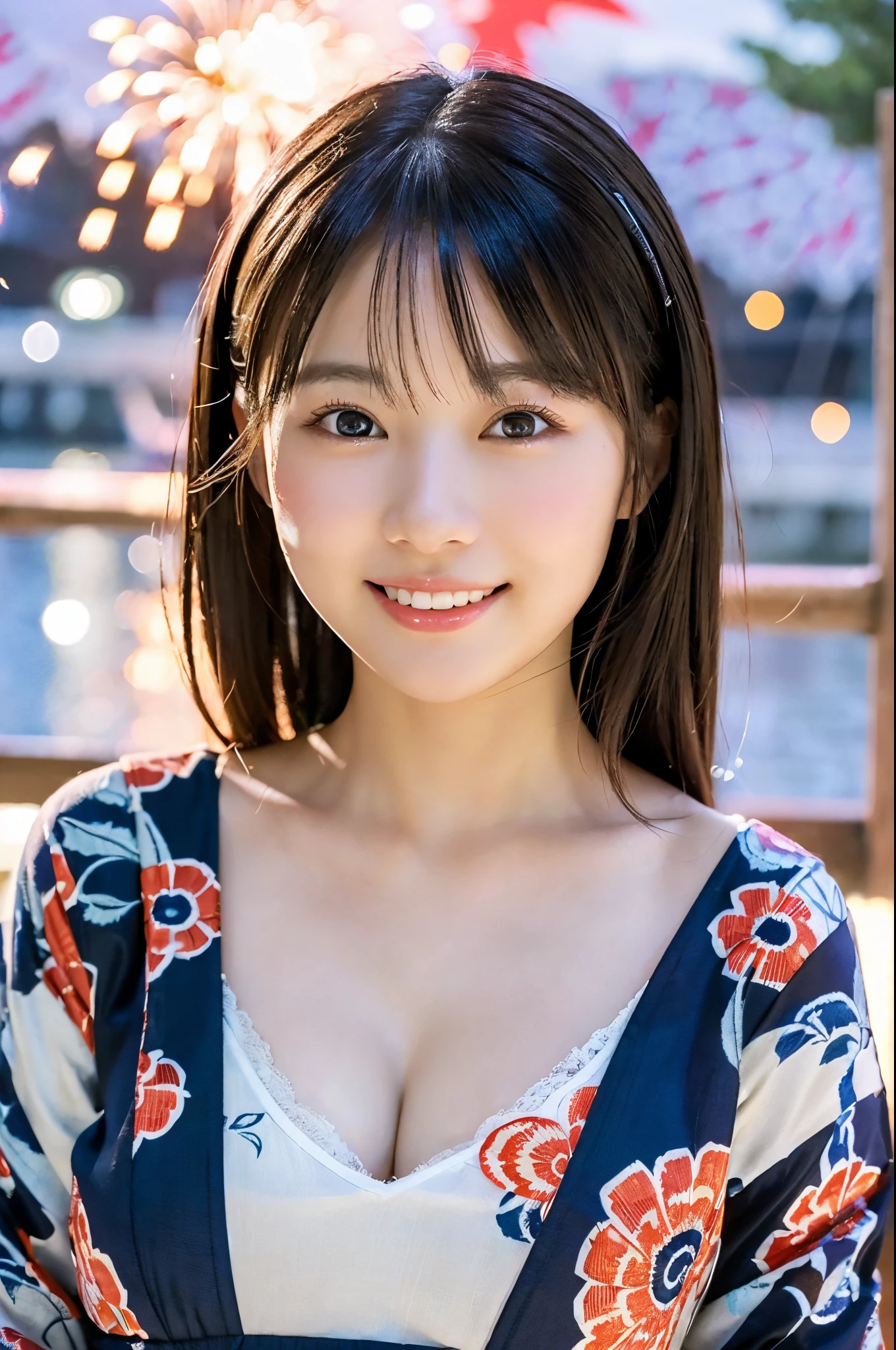 ulzzang -6500-v1.1, (Raw photo:1.2), (Photorealsitic), a beautiful detailed girl, (Real: 1.4), extremely detailed eye and face, ((Yukata with red floral pattern;1.3))、((Fireworks in the background:1.2)), selfee, Instagram、game_nffsw, huge filesize, hight resolution, ighly detailed, top-quality, [​masterpiece:1.6], illustratio, ighly detailed, nffsw, finely detail, top-quality, 8k wallpaper, Cinematographic lighting, 1girl in, 17 age, perfect body type, cute droopy eyes beautiful big eyes、Pieckfinger, ((masutepiece)), Best Quality, eye shadow,  Portrait, ((FULL BODYSHOT:1.4))、(Very affectionate smile:1.2)、realistic skin textures、shinny skin、
