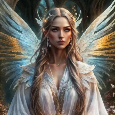 a woman with long hair and wings standing in a forest, beautiful ...