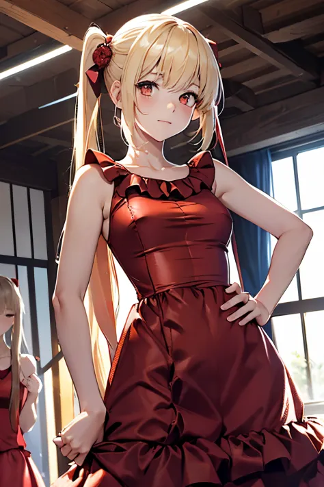 the real thing、女の子1人、17 age、a blond、Embarrassed face, Longhaire、Twin-tailed、((wearing red dress:1.5)), ((Breasts with visible ni...