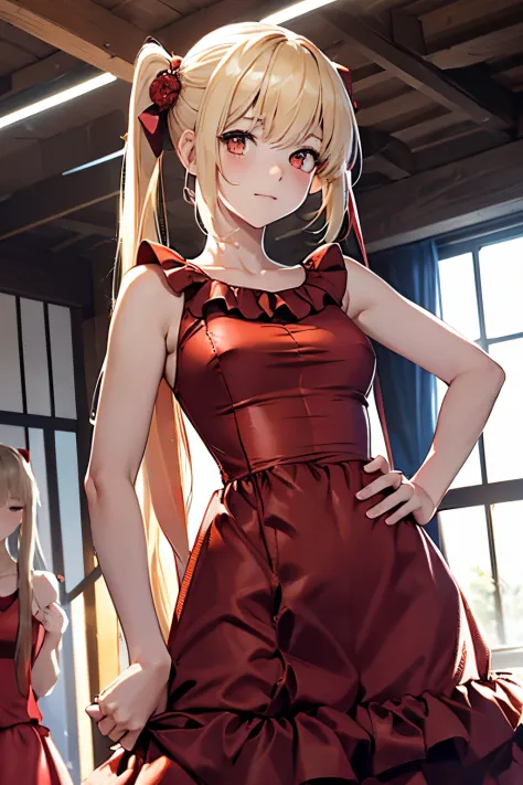 the real thing、女の子1人、17 age、a blond、embarrassed face, longhaire、twin-tailed、((wearing red dress:1.5)), ((breasts with visible ni...