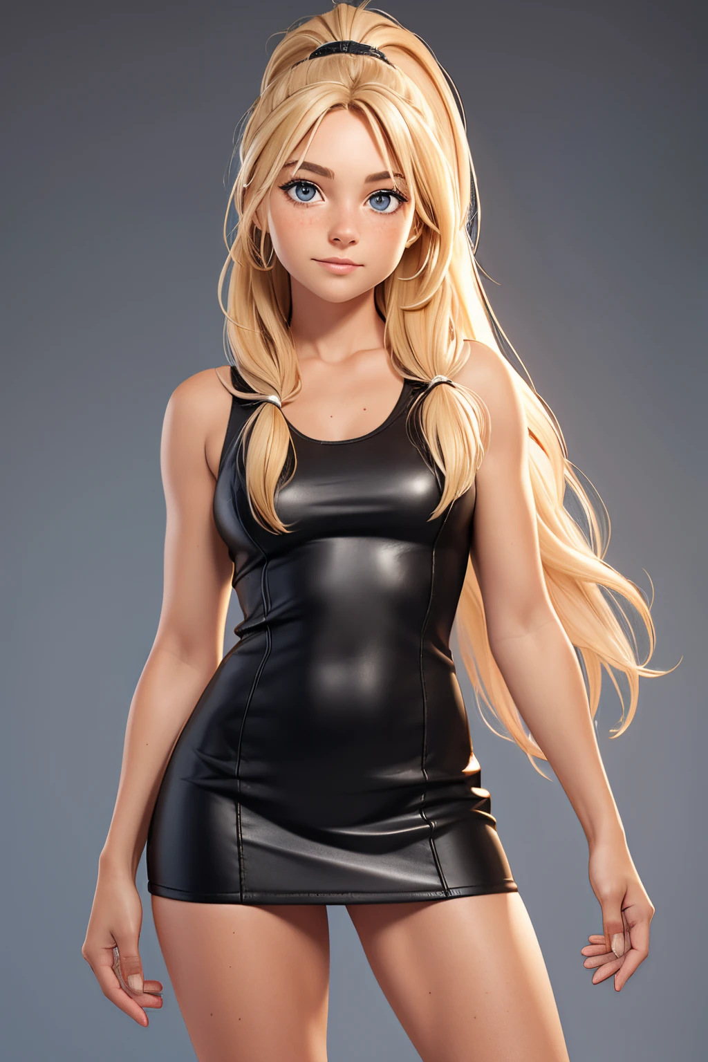 Photorealistic photo of a 40-year-old Swedish girl with long blonde hair with black highlight. She has dark chocolate eyes. She has no makeup and filter. She has her hair in a ponytail. She should have a little freckles on her face and birthmarks. She  posing in front of a fully white background wearing short red leather dress. She should be visible from her knees to the top of her head.