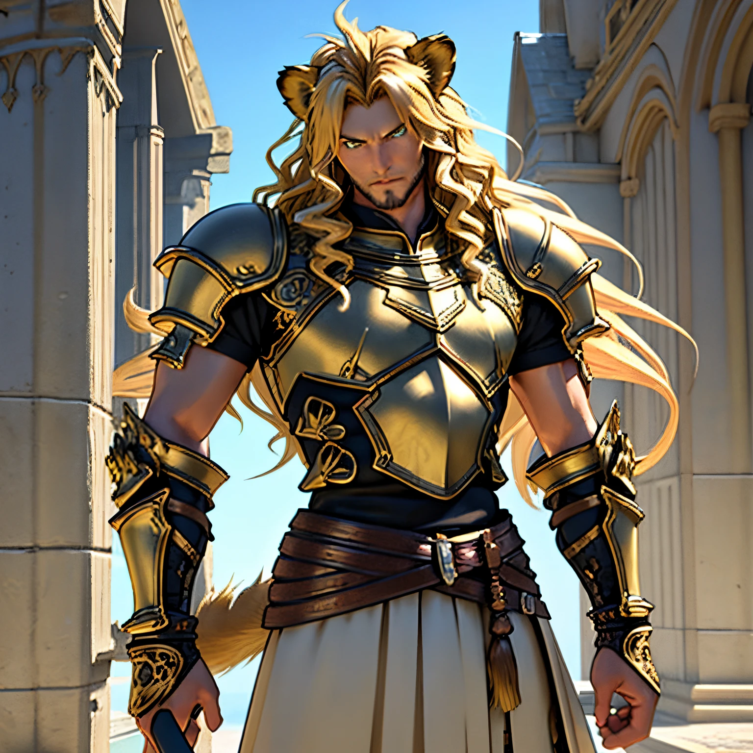 Fantasy armor, One male, lion ears, long hair, blond, blond hair, green eyes, tall, muscular, beautiful face, highest quality, masterpiece, 3d, anime, perfect face, highest detail, feline eyes, stubble, lion tail, wavy hair, full body shot, detailed face, intricate details, fantasy background, serious expression, solo, longsword