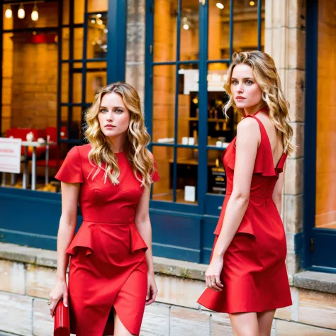 Female supermodel wearing a red cocktail dress on the streets of the town of Oxford around the University of Oxford