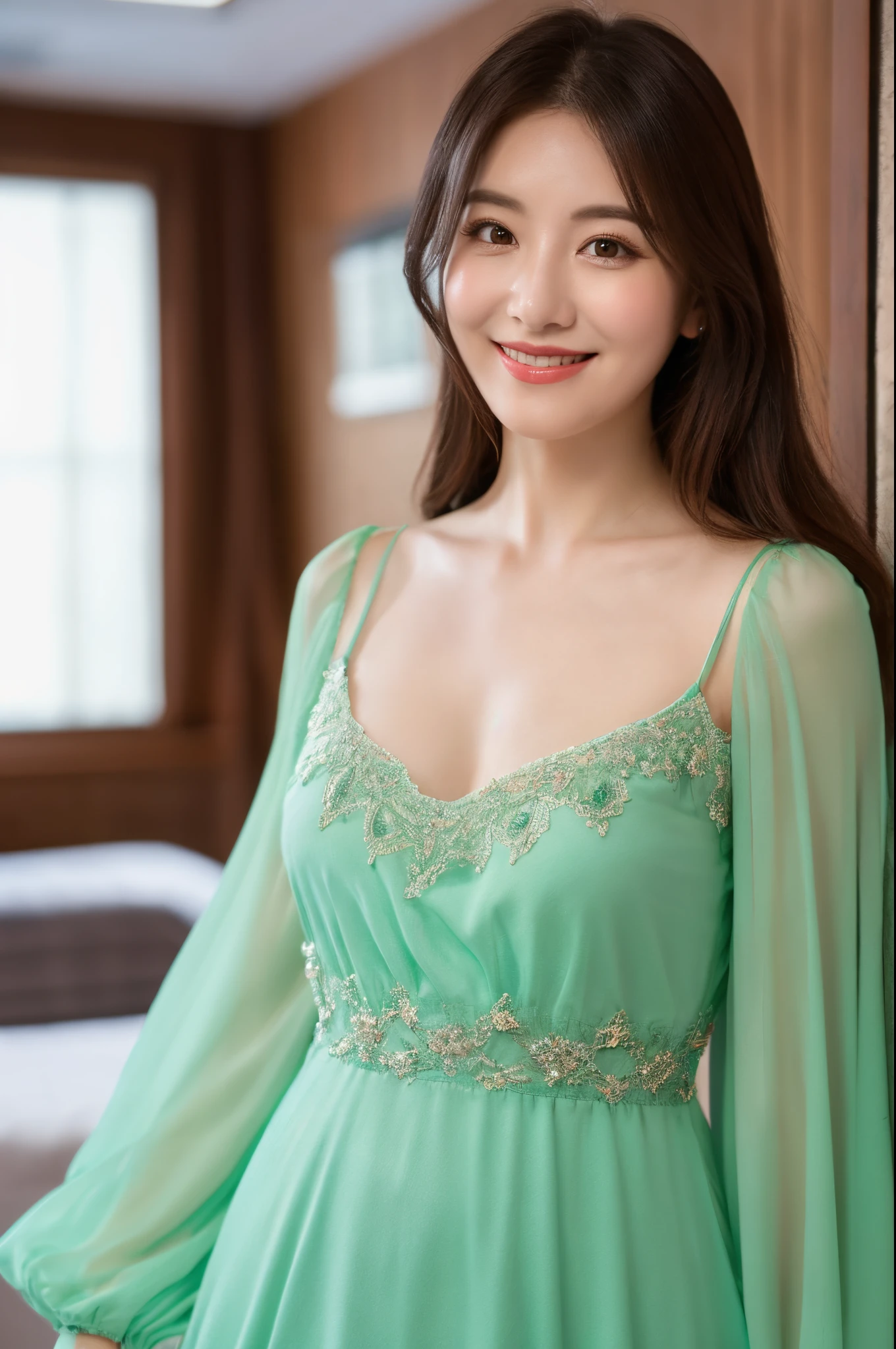 A woman in a green dress posing for a picture - SeaArt AI