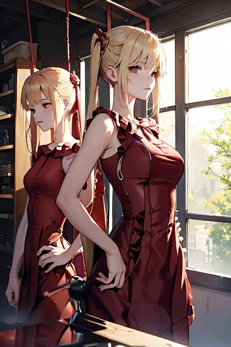 the real thing、女の子1人、17 age、a blond、Embarrassed face, Longhaire、Twin-tailed、((wearing red dress:1.5)), ((Breasts with visible ni...