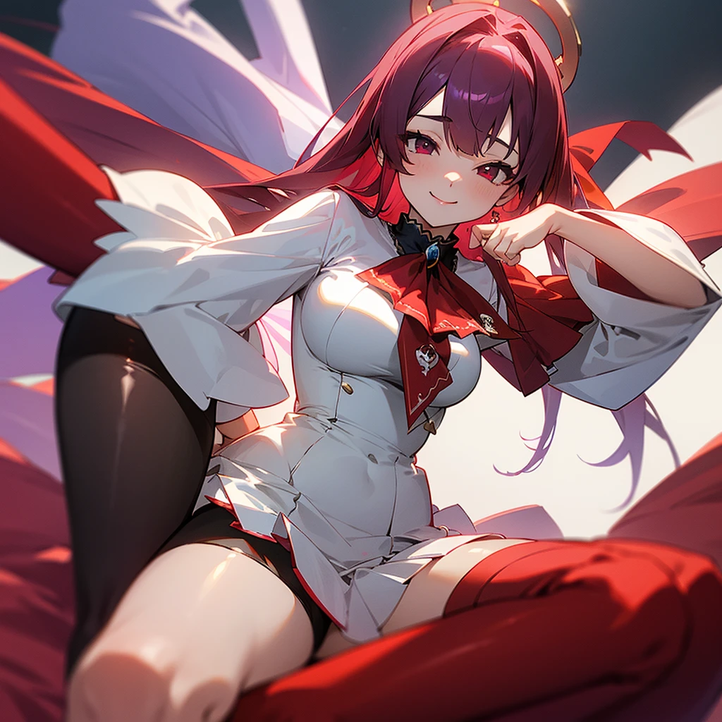 Houshou Marine、、Virtual Youtuber、hololive、femele、28 year old、1 persons、white blouse dress、Red mini skirt、beauty leg rack stockings、large full breasts、seducting smile、red-purple long hair、Black eye patch on left eye、Red Eyes、Perfect fingertip