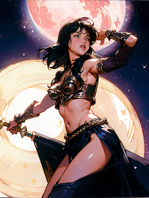 (Xena) (cara linda) (cuerpo sexy) (Altamente detallado) (highest qualityr) (luna, Fondo de flores y estrellas)(senos grandes)(se...