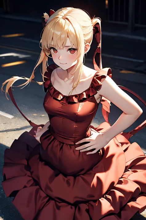 the real thing、女の子1人、17 age、a blond、embarrassed face, longhaire、twin-tailed、((wearing red dress:1.5)), ((breasts with visible ni...