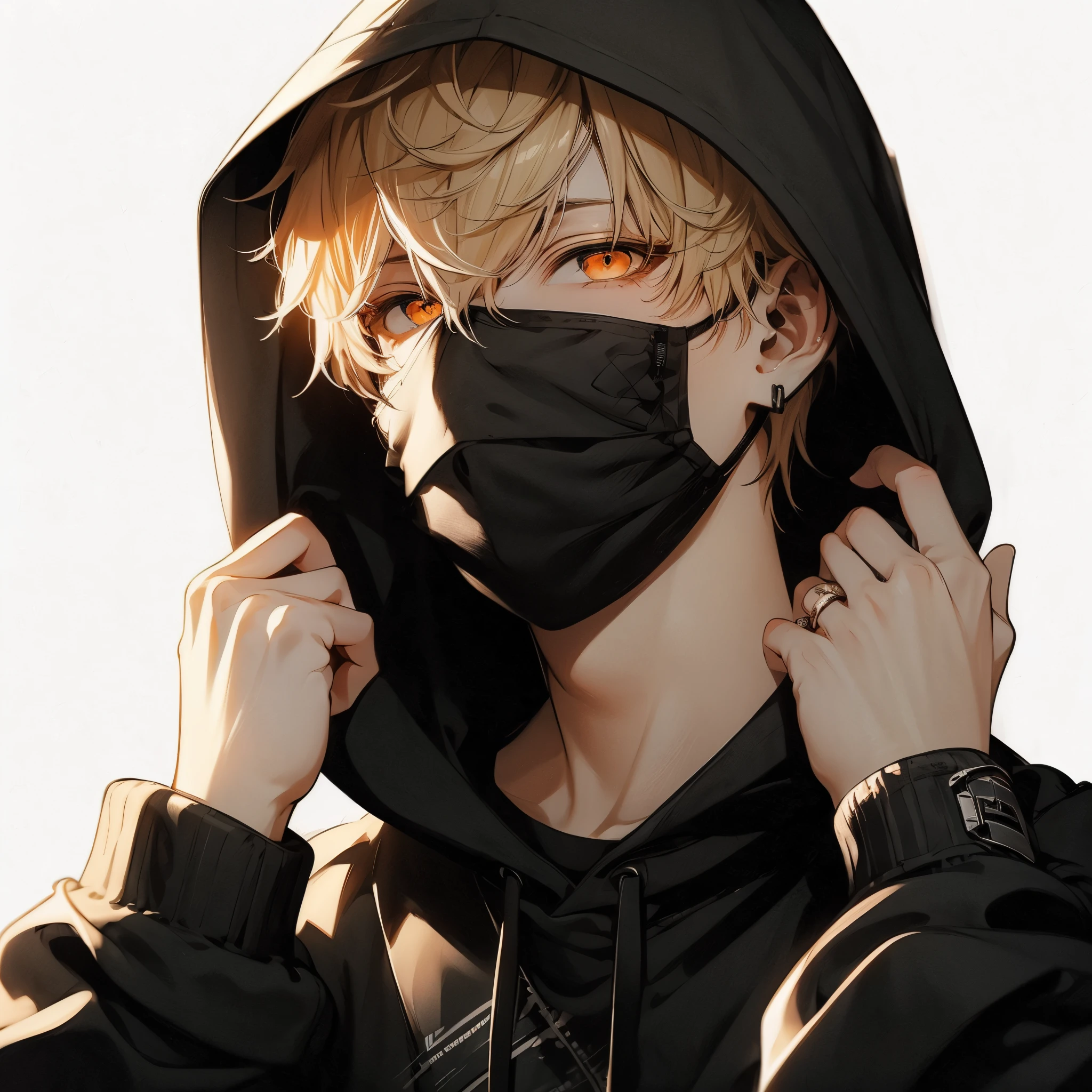 Beautiful young man, a blond, Orange eyes, Short hair, Black mask, The palm of your shoulder covers your eyes, Black hoodie, Hood Up,High quality, amount of drawing, pixiv illustration