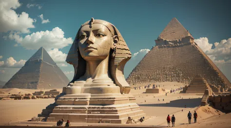 BLONDE GIRL with red scarf talking on cell phone ,Ultra realistic photo of the Great Sphinx of Giza, with rich details and using the entire historical database contained in the large network, trazendo todos os detalhes do local e mantendo toda a originalid...