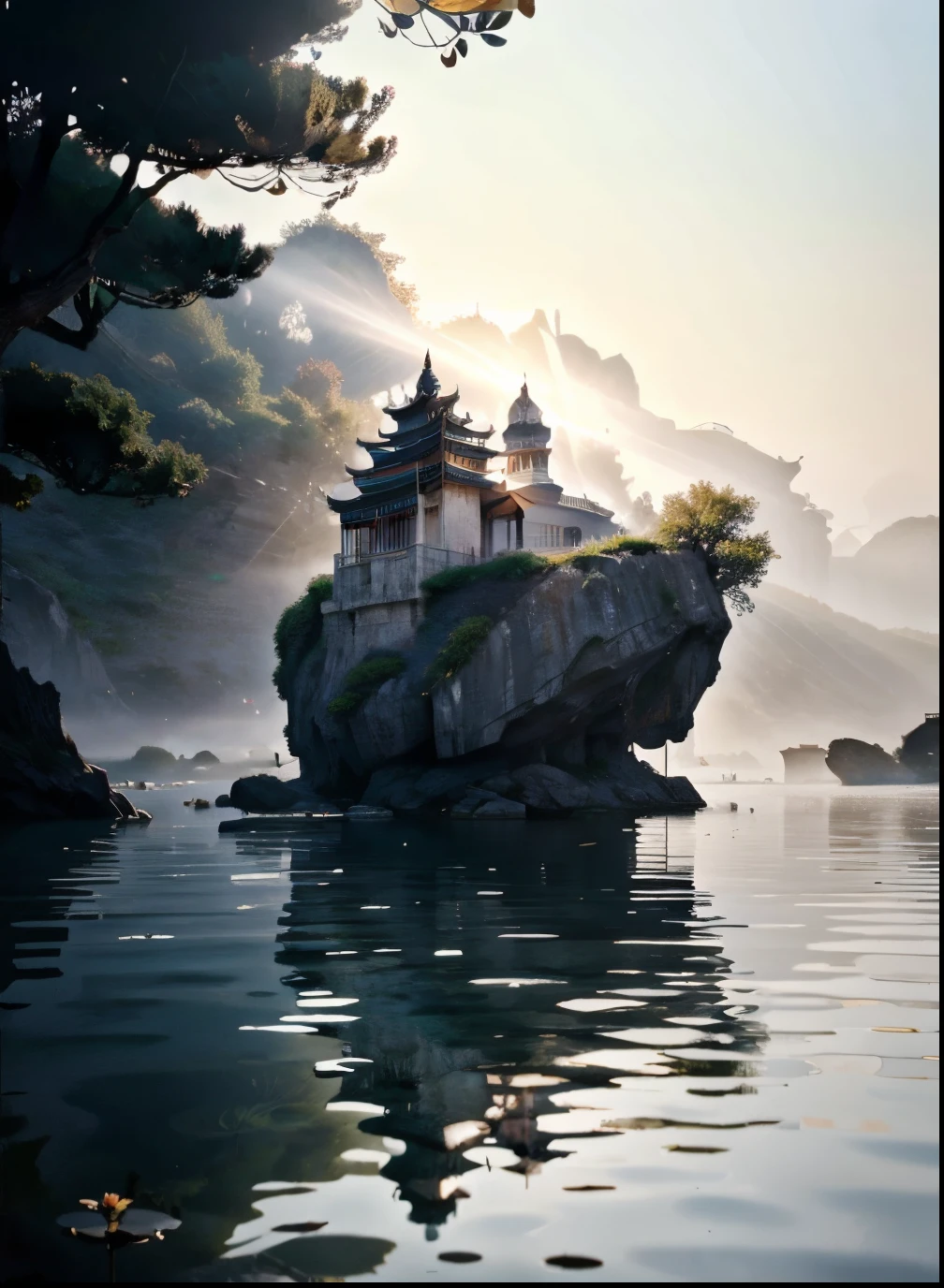 （Island Pavilion，Garden floating island，waterface，Foot hole details），（ancient buildings of China），jetty，vessels， stones on water，Weeds by the lake，inverted image，Sparkling，Ink tree cloud mixed painting，lightand shade contrast，light and shadow effect，