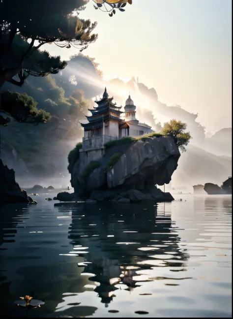 （Island Pavilion，Garden floating island，waterface，Foot hole details），（ancient buildings of China），jetty，vessels， stones on water...