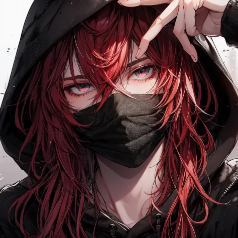 Beautiful young man, Red-haired, ((Gray eyes)), shoulder length hair, Black mask, Black hoodie, Hood Up,High quality, amount of ...