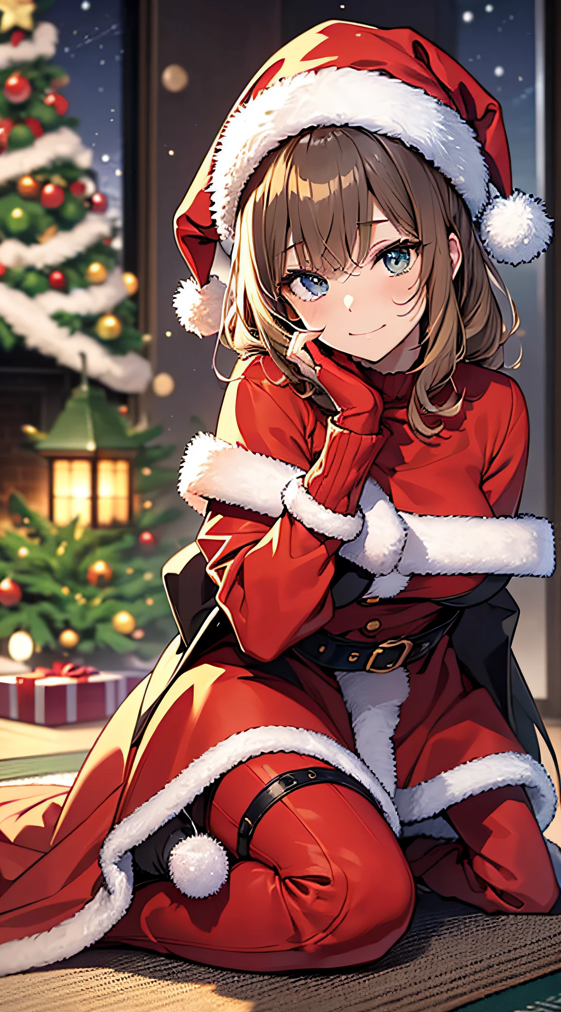 Chica anime vestida de Papá Noel sentada en el suelo junto al árbol de  Navidad - SeaArt AI