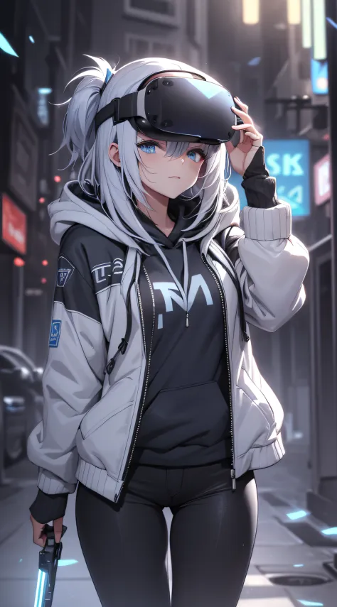 top-quality、Top image quality、​masterpiece、teens girl((Blue Hoodie、black trousers、18year old、 Ager、Best Bust、big bast,Beautiful light blue eyes, Long silver hair、A slender,Large valleys、Reflecting the whole body、Leaning forward、Attach the VR visor to your ...