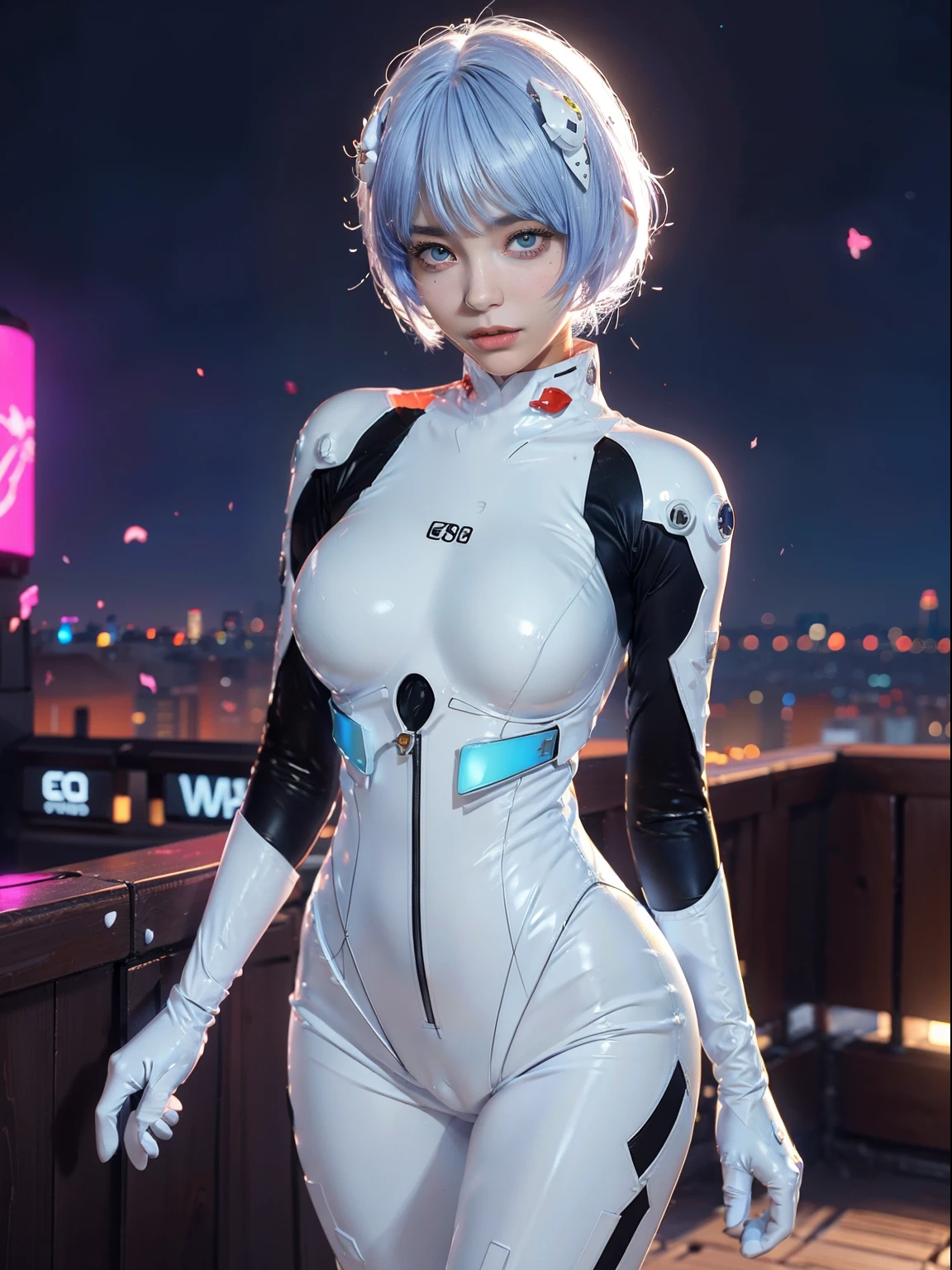 (actual, siendo realista), ayanami_Hermoso, 1 个 Chica de pecho gigante, pelo corto azul, adorno de pelo blanco, ((Mono blanco, guantes)), piernas superiores, La parte superior del cuerpo,(tiro del vaquero),(obra maestra, alta calidad, La mejor calidad en el mejor de los casos.), (Vistoso),(Ojos y rostro delicados.), luz volumétrica, Trazado de rayos, Fondos de pantalla 8k unificados CG extremadamente detallados,Alone((Pétalos de mosca)),Actividades al aire libre, ((personaje ciber punk)), Ciudad Digital, ((adorno de neón)), la noche,(vista sobre la ciudad),