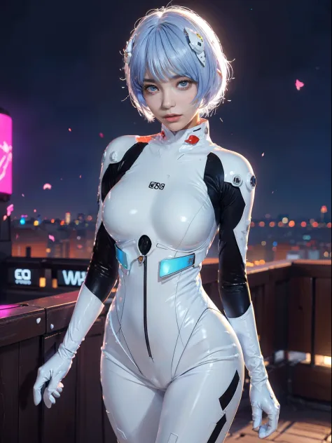 (actual, realisticlying), ayanami_beautiful, 1个Giant Breast Girl, blue short hair, white hair ornament, ((White jumpsuit, mitts)...