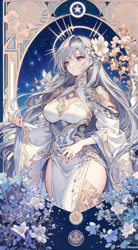 (thick thighs), (Curvy), Sexy, (Gray Hair), (Orange Eyes,) (Glowing Eyes,) 1 girl, Pale Skin, (Two-Tone Eyes), Eyelashes, Smile, Gleaming Skin, Shiny Hair, Long Hair, looking at you, anime, beautiful anime eyes, beautiful detailed eyes, eyes, glittering eyes, (Neon),(White Fencing Outfit, Detailed Outfit), Angelic, Halo, Flowers, (Galaxy, cloud, Starry, stars,colorful), (Sleepy Eye), Decorative panels， abstract artistic， Alphonse Mucha （masterpiece， best quality， A detailed， Complicated details， 4K， Color splattering， Line art， Fibonacci， （tarot cards），Cards, Slim card border