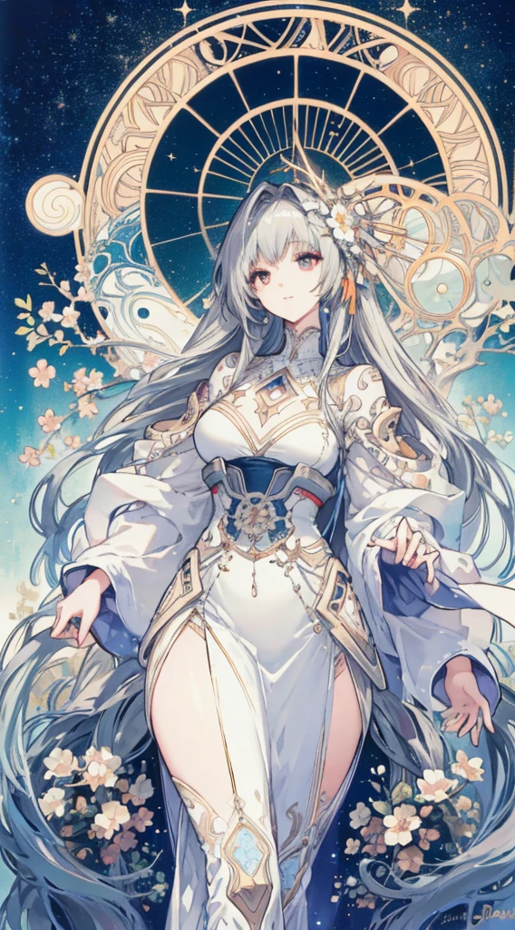 (thick thighs), (Curvy), Sexy, (Gray Hair), (Orange Eyes,) (Glowing Eyes,) 1 girl, Pale Skin, (Two-Tone Eyes), Eyelashes, Smile, Gleaming Skin, Shiny Hair, Long Hair, looking at you, anime, beautiful anime eyes, beautiful detailed eyes, eyes, glittering eyes, (Neon),(White Fencing Outfit, Detailed Outfit), Angelic, Halo, Flowers, (Galaxy, cloud, Starry, stars,colorful), (Sleepy Eye), Decorative panels， abstract artistic， Alphonse Mucha （masterpiece， best quality， A detailed， Complicated details， 4K， Color splattering， Line art， Fibonacci， （tarot cards），Cards, Slim card border