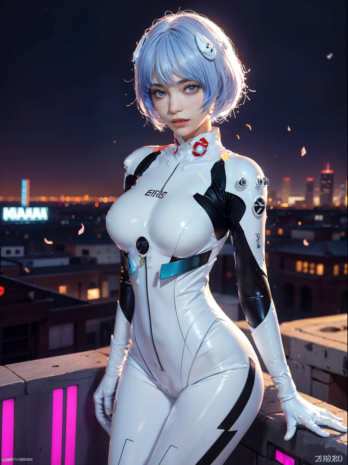 (actual, realisticlying), ayanami_beautiful, 1个Giant Breast Girl, blue short hair, white hair ornament, ((White jumpsuit, mitts)), upper legs, The upper part of the body,(cow boy shot),(tmasterpiece, high qulity, Best quality at best), (Colorful),(delicate eyes and face), volumettic light, Ray traching, extremely detaild的 CG unified 8k wallpapers,Alone((Fly petals)),Outdoor activities, ((cyber punk perssonage)), Digital City, ((neon trim)), the night,(view over city),