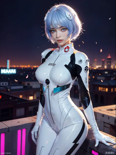 (actual, realisticlying), ayanami_beautiful, 1个Giant Breast Girl, blue short hair, white hair ornament, ((White jumpsuit, mitts)...