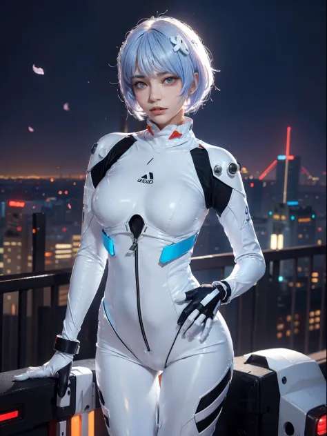 (actual, realisticlying), ayanami_beautiful, 1个Giant Breast Girl, blue short hair, white hair ornament, ((White jumpsuit, mitts)...