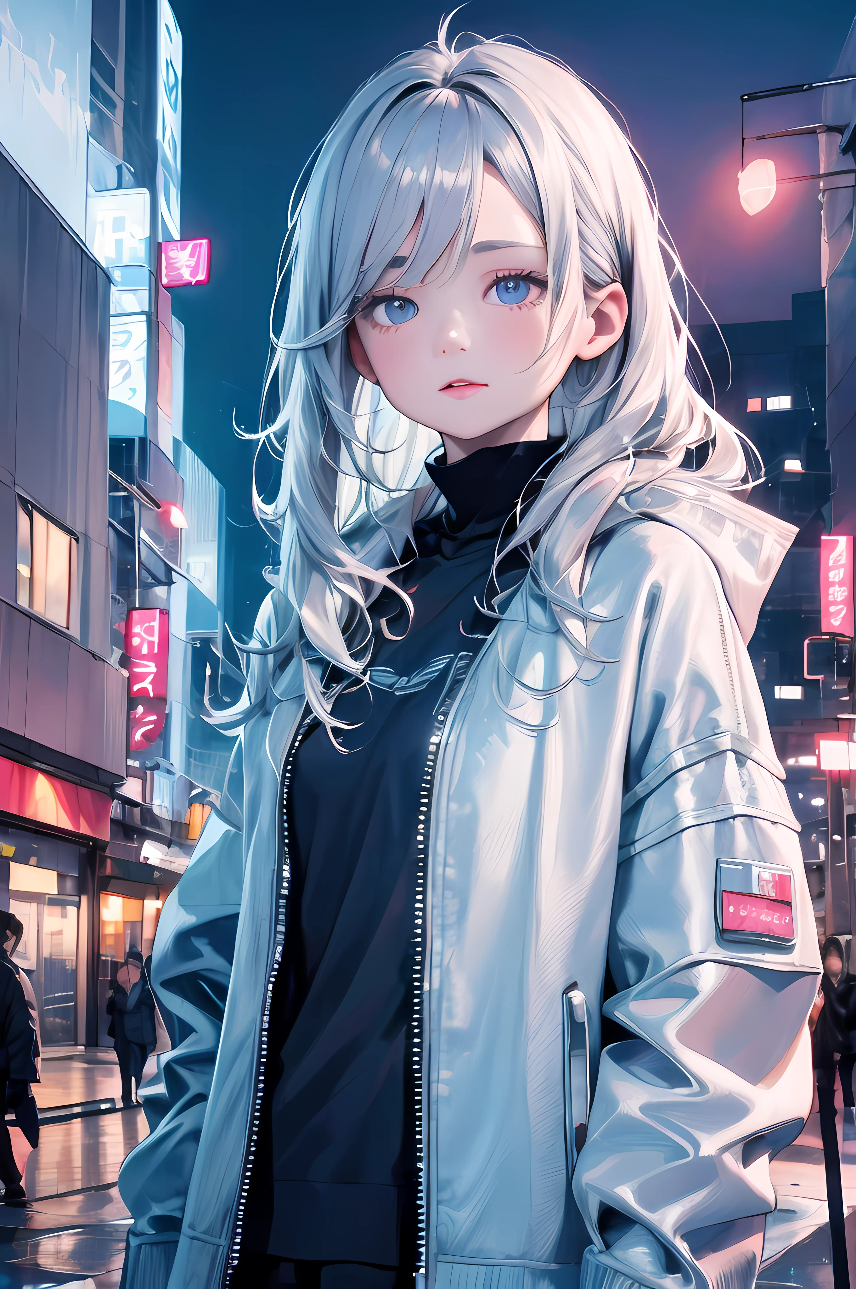 (exceptional, best aesthetic, new, newest, best quality, masterpiece, extremely detailed, anime, waifu:1.2)
BREAK
1girl, solo, silver hair, blue eyes, white jacket, street, night, neon lights