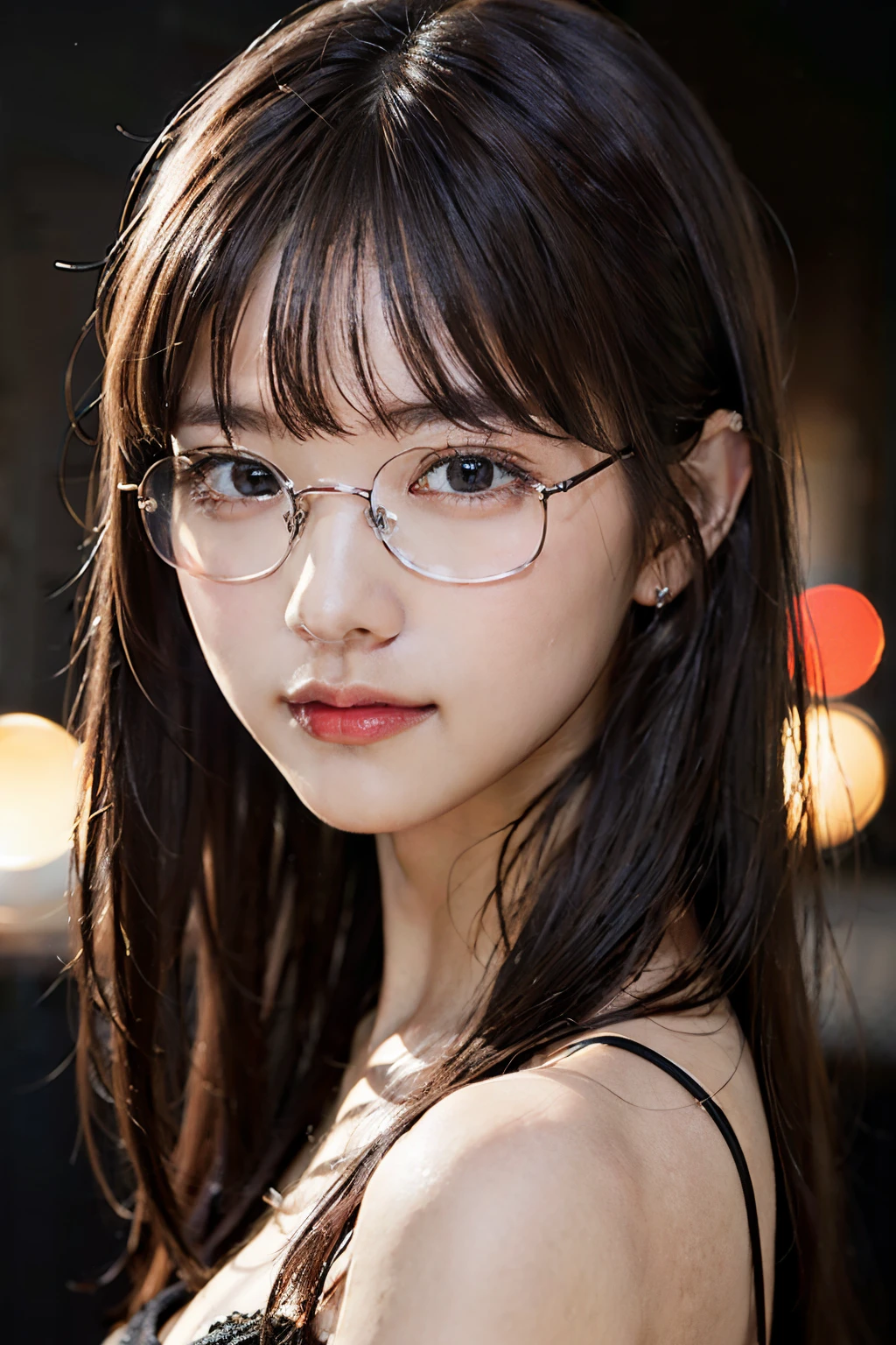 masutepiece, masutepiece, of the highest quality, Best Quality, Realistic, Unity, 8K Wallpaper, Official art, Very detailed CG Unity 8K wallpaper, (Realistic: 1.4), a 1 girl、A slight smil、Super Detail, Black-rimmed glasses、High resolution, Super Detail, amazing, Fine detail , Film Lighting, (brown|Black hair:1.4), Long Hair, (Reality Skin:1.2), (Crystal clear beautiful skin:1.0), Beautiful details, Eyes and face are very detailed, Beautiful eye details, Huge file size, ultra detailed and beautiful, Dark eyes, Model Shot Style,