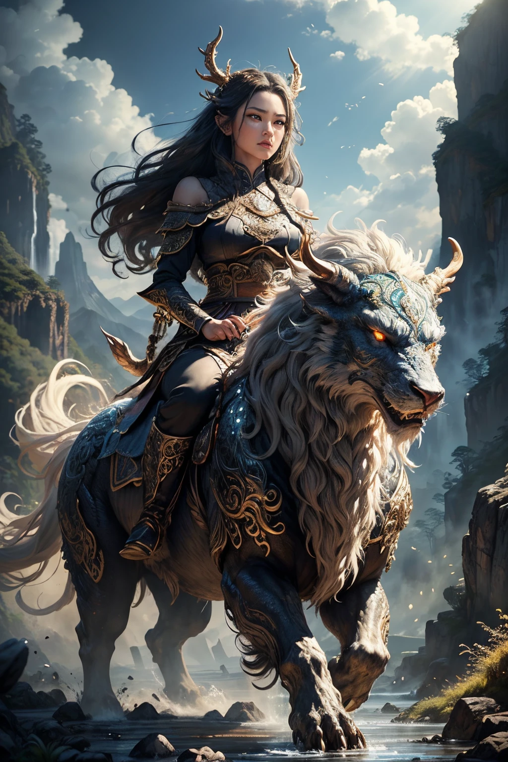 (Best quality at best,8K,A high resolution,tmasterpiece:1.2),ultra - detailed,(actual,realisticlying,Photorealistic:1.37),Ancient beasts from hell，Chinese mythology，Mountain and Sea Sutra，Mountains and sea,Ancient legends,mythological creatures,Sparkling golden scales,deer antlers,mane hair,quadrupedal，sharp talons,beast of prey，bucktooth，sparkling big eyes，golden rays of sunlight, surrounded by cloud,Flowing waterfall, Towering mountains, Un bosque tranquilo, Intricate fantasy ink painting, Detailed fantasy ink illustration, The fantasy  very detailed, beautiful detailed fantasy, The magic fantasy  very detailed, Highly detailed fantasy art, Rivendell Epic Fantasy, japanese fantasy, detailed fantasy digital art, chinese fantasy, detailed fantasy art,