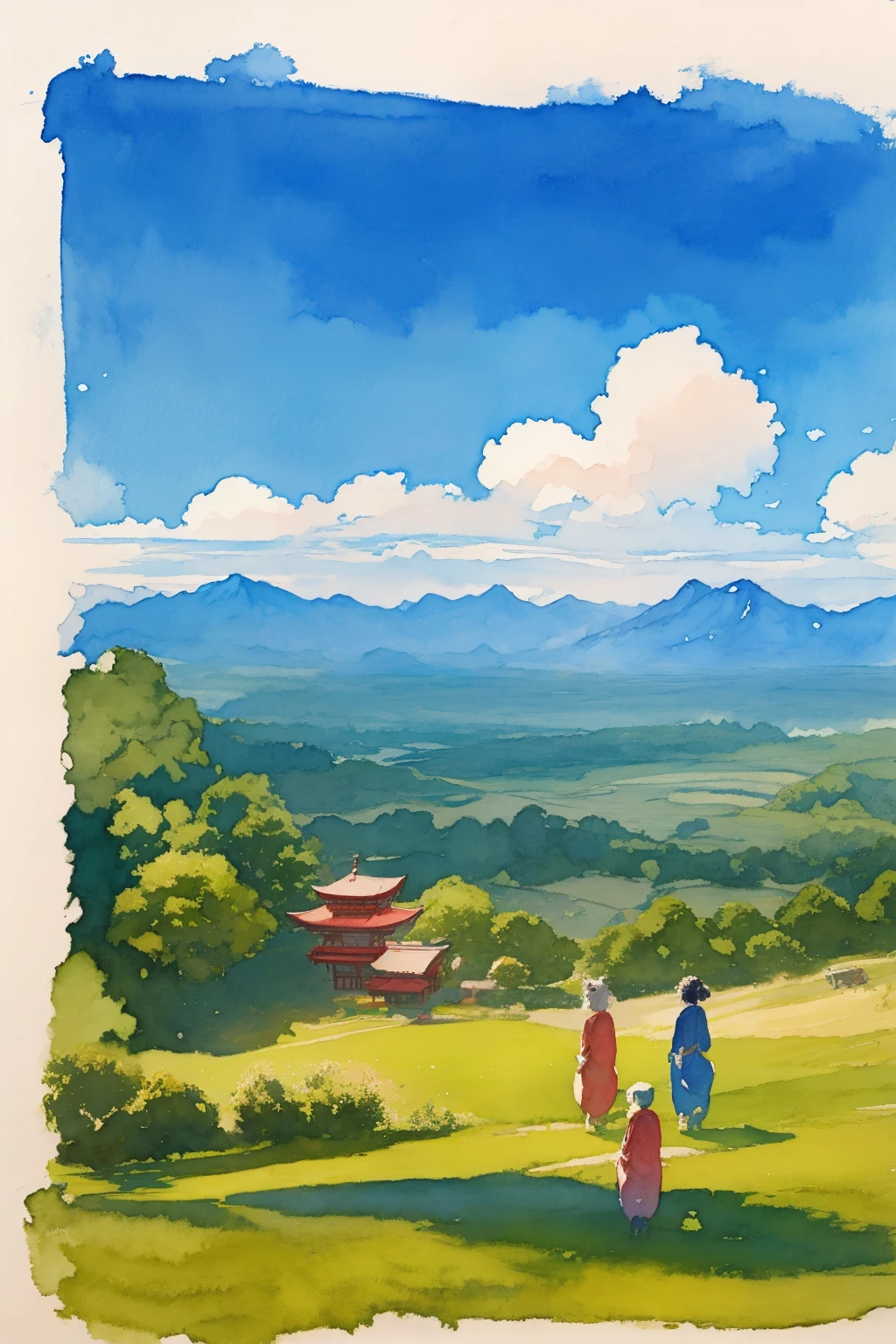 Katsushika Hokusai、Tusche- und Aquarellmalerei、Helle Farbtöne、blasse Farbe、Pastellfarben、ein Mädchen、Kimono、Der Hintergrund ein Berg.、Wolken im Himmel、Top Qualität、Masseterstück:1.3