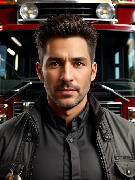 masterpiece, best quality, high resolution, closeup portrait, male focus, solo focus, A man, 40 years old, with firefighter uniform, firefighter suit, firefighter, silver grey hair, messy hairstyle, cute and seductive face, bare chest, body hair, facial ha...