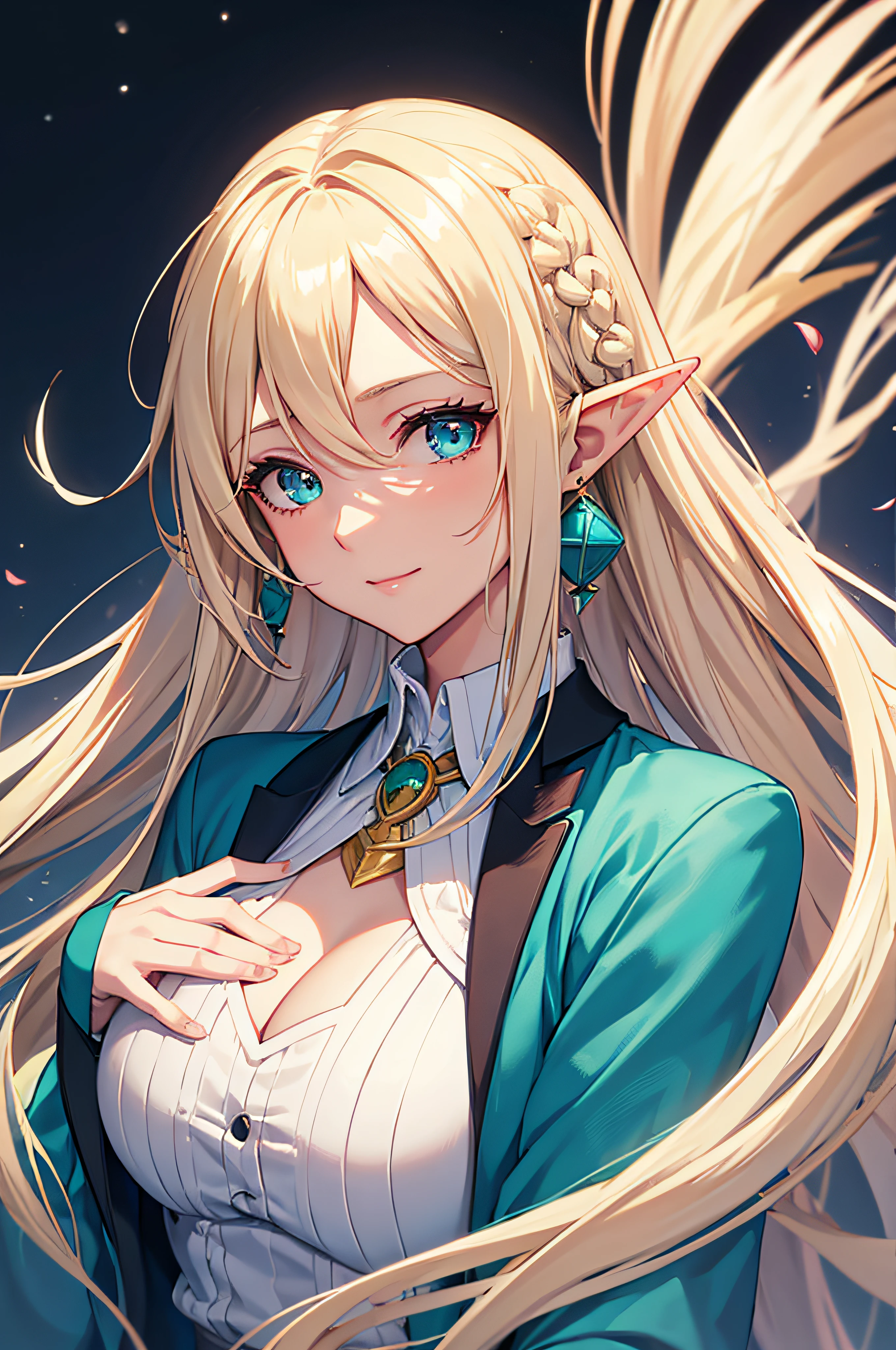 anime. cover magazine. upper body. half body. casual clothes. an elven woman with long platinum blonde hair in braids and turquoise eyes. her ears are long and pointed typical of elves. she wears modern clothes of the current era. her chest  large and she exudes the aura of a mature career woman. modern clothes. smile. modern sweater or blazer or jacket. upper body, half body potrait. mommy