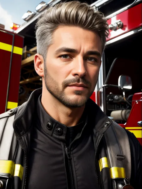 masterpiece, best quality, high resolution, closeup portrait, male focus, solo focus, A man, 55 years old, with firefighter uniform, firefighter suit, firefighter, bleached blonde silver hair, looking french, messy short hairstyle, cute and seductive face,...