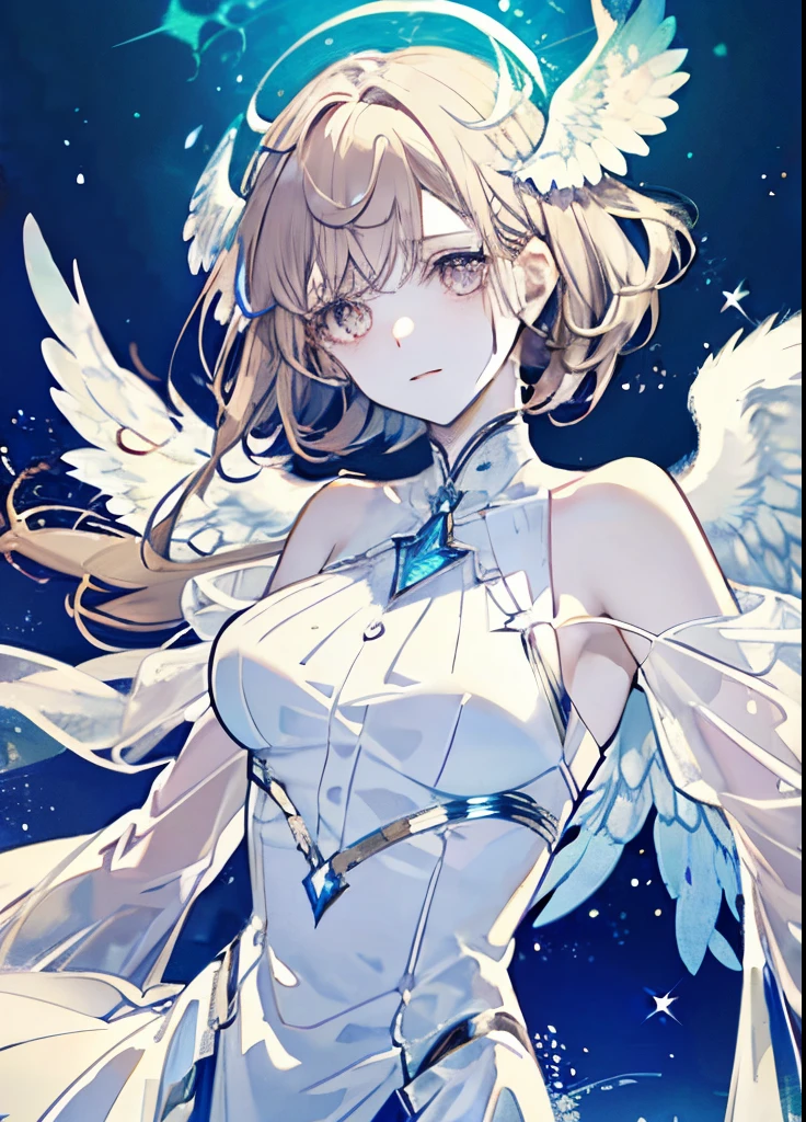 An angel drawn with pale, shining skin, Their skin seems to glow with an otherworldly glow. They are decorated with a pair of shimmering graceful wings, Symbolizes their divine qualities. Fantastic and enchanting scene, Capture the beauty and mystery of these celestial bodies. Angel, Pale, Luminous, complexion, blazing, Otherworldly, brilliance, glinting, Graceful, Wings, divine, Ethereal, Enchanting, Beauty, mystery.Upper body,lightbrown hair