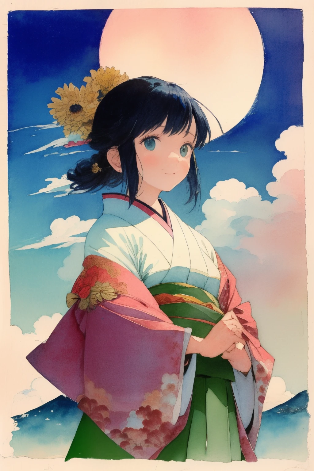 카츠시카 호쿠사이、수묵화와 수채화、밝은 색조、창백한 색、파스텔색상、한 여자、키모노、산을 배경으로.、하늘에 구름、최고 품질、안마사 조각:1.3