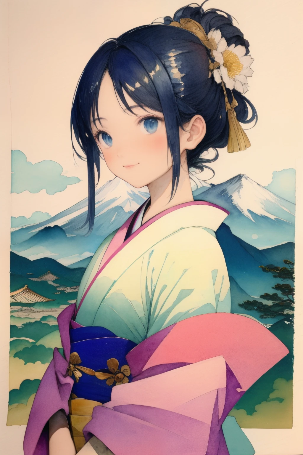 Katsushika Hokusai、墨と水彩画、明るい色合い、淡い色、パステルカラー、一人の女の子、着物、背景は山.、空の雲、最高品質、咬筋部分:1.3