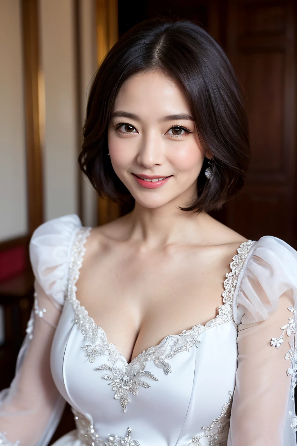 (masutepiece:1.2), High Definition, High quality,(65-year-old woman:1.2)、(Wrinkles on the face:1.2)、Beautie,(princess dress:1.4), Puffy sleeves,Big breasts,Smile,