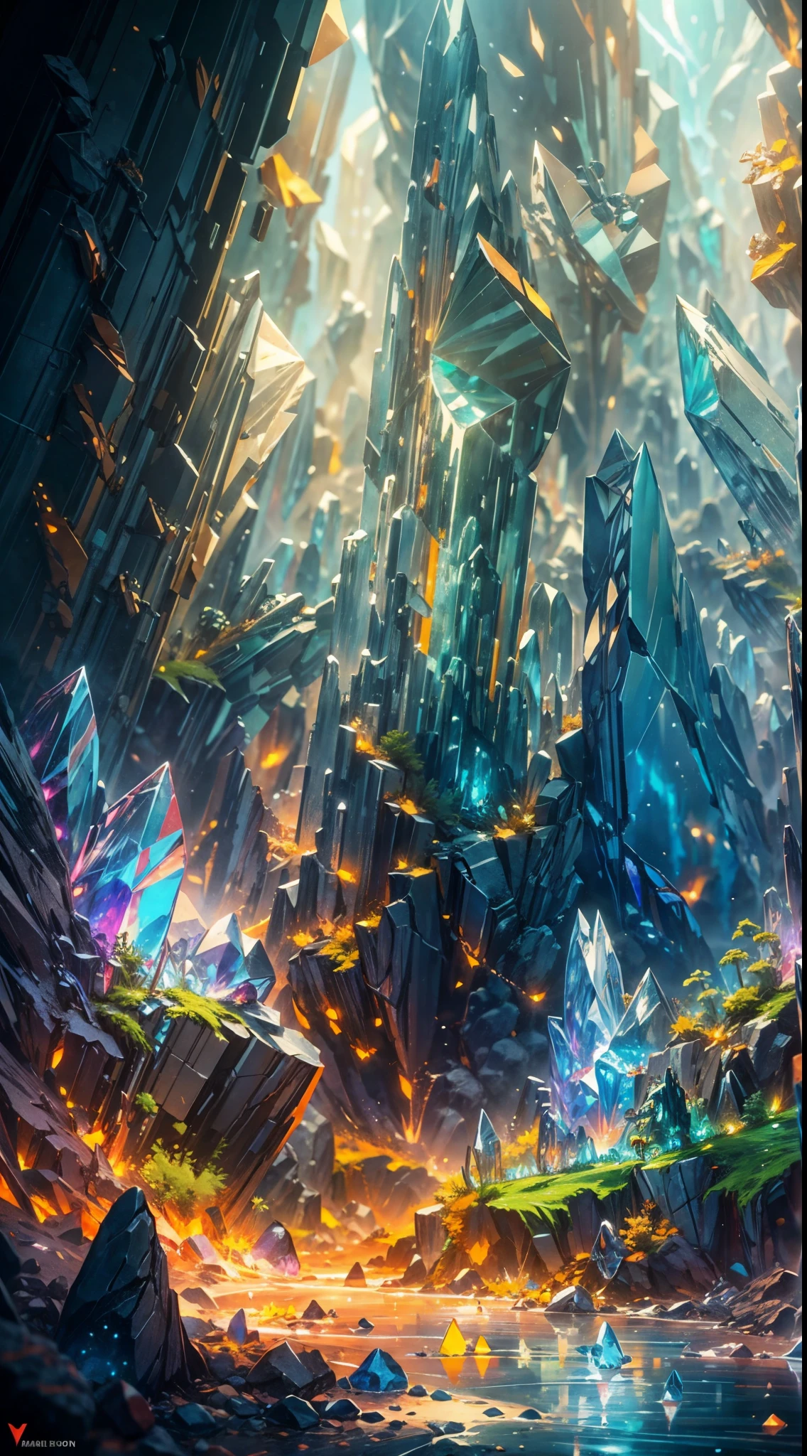 masterpiece, concept art, wide shot, panoramic, cave full of crystal, crysrtal area, volumetric lighting, vibrant color, epic composition, epic composition, HD