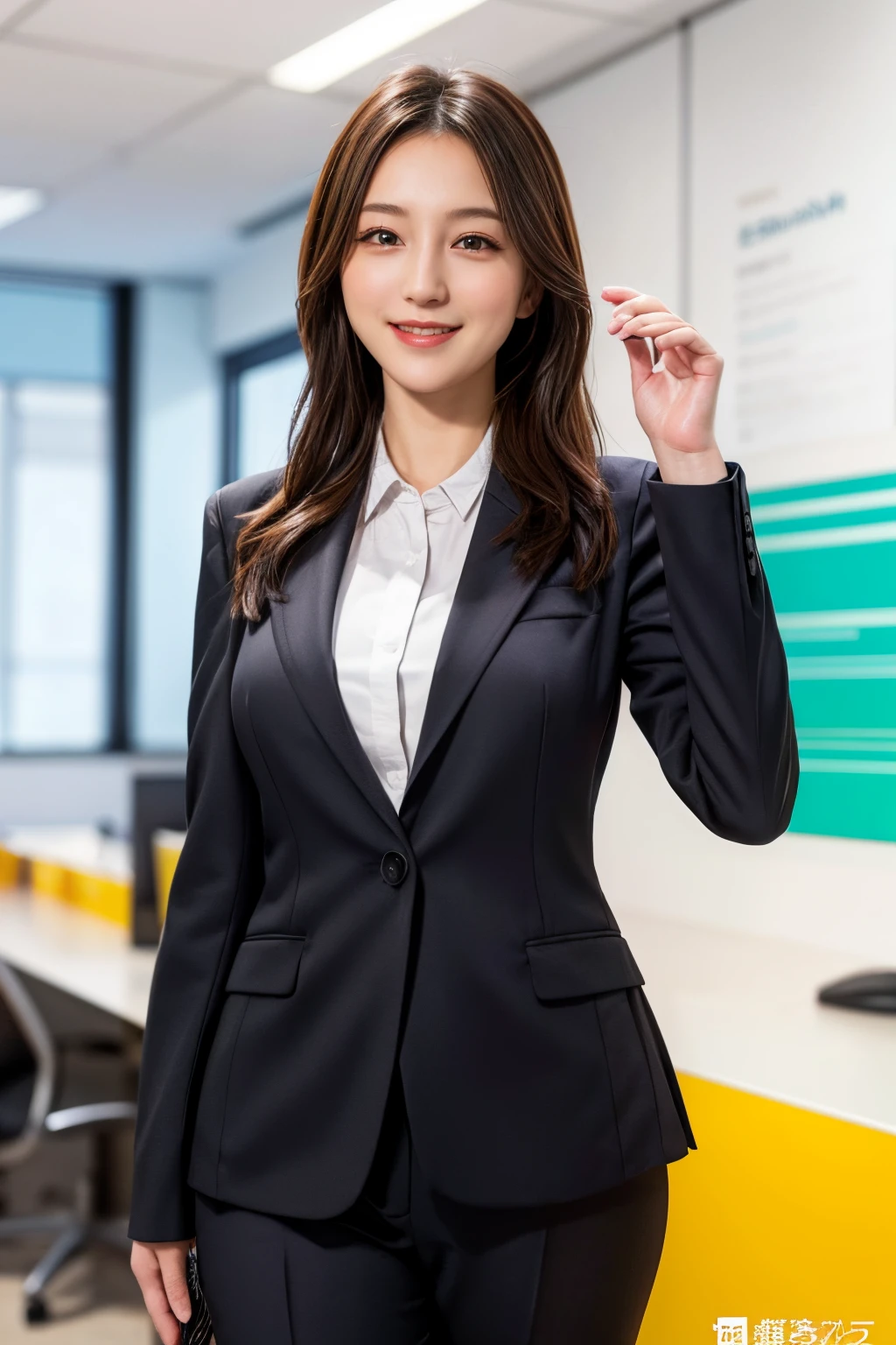 masutepiece, Best Quality, Illustration, Ultra-detailed, finely detail, hight resolution, 8K Wallpaper, Wearing a suit,Dynamic composition, Beautiful detailed eyes,  new employee、 Natural Color Lip, Random and sexy poses,Smile,s Office、Looking at the camera、A 23-year-old girl、