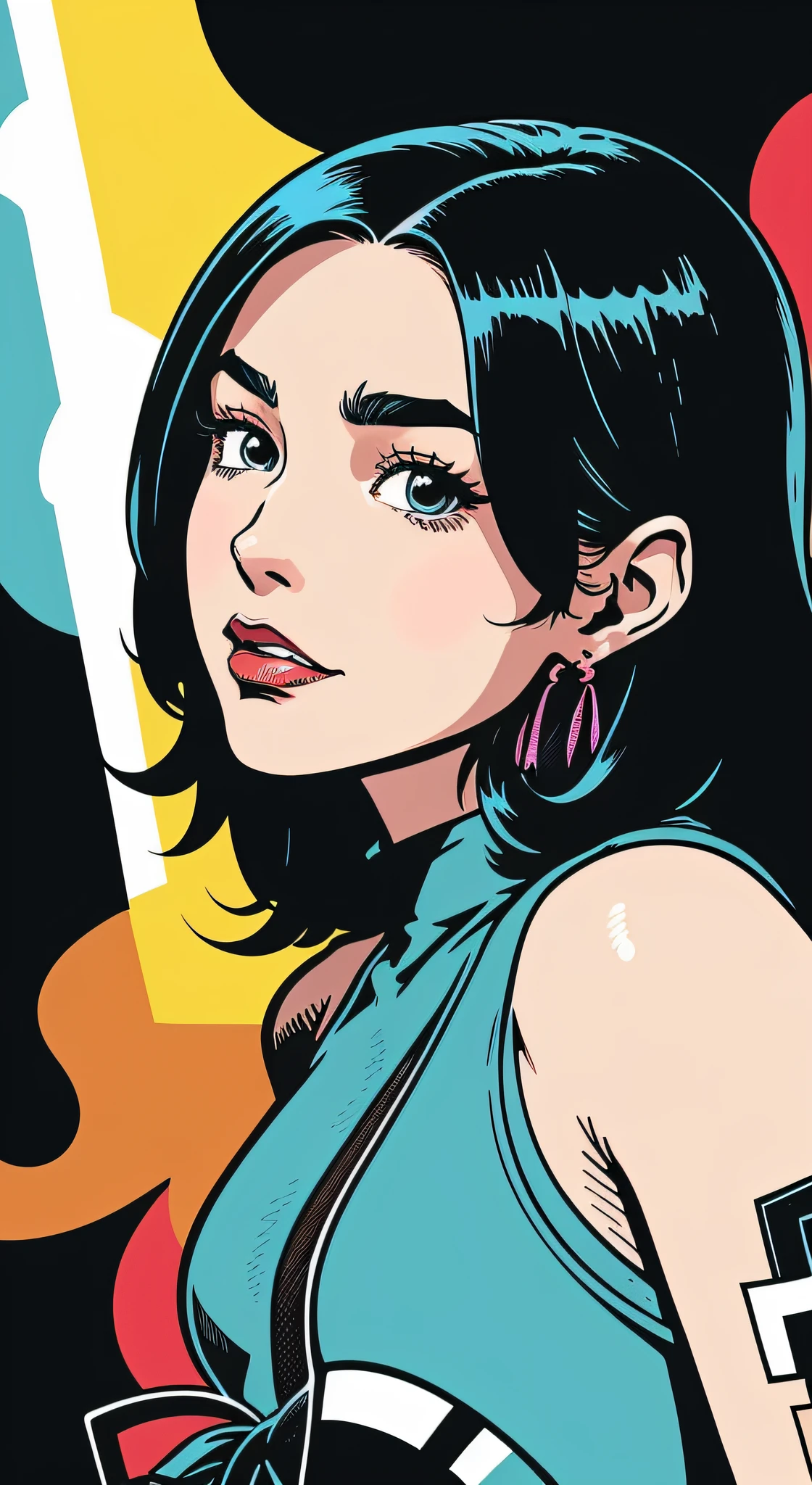 Illustration of a person in a photo、American comic book style ,anime styled,(Illustration:1.2),(Chicano Art_Homepage top illustration style),(ink art_Hard Touch:1.2), (highcontrast:1.2),strong contours,Dark ink,Sharp Highlights、hight resolution, , 1girl in,portlate、Adorable,extremely detailed eye,extra detailed face,very detail hair,8K,resolution,hard illustration,