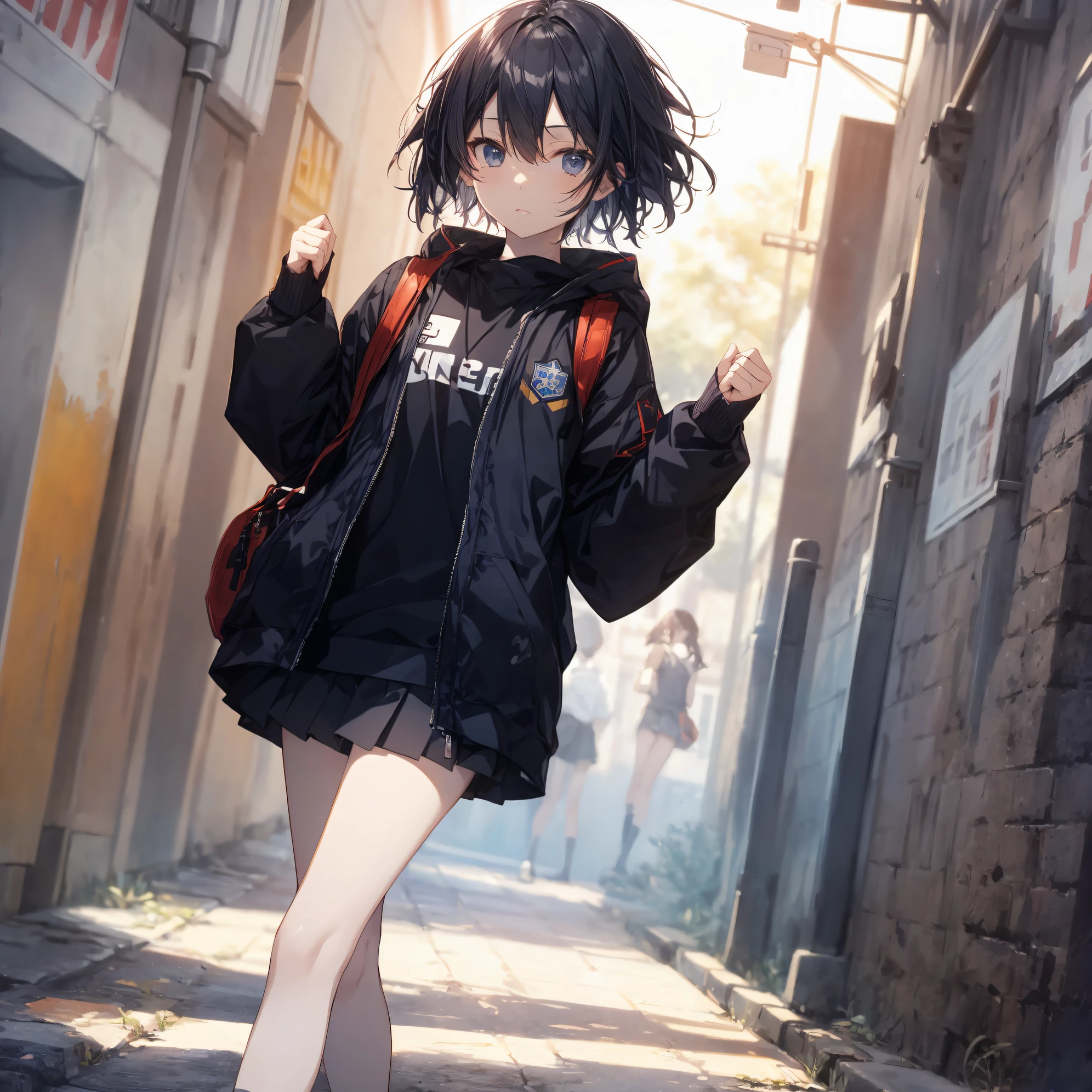 Top quality by creator God, Ultra-detailed, anime moe art style,Best Anime 8K Konachan Wallpapers,Pixiv Contest Winner,Perfect Anatomy, BREAK,(Draw a girl sleepily walking to school. ),BREAK, 1girl is a cool beautiful girl, (Solo,,,13years:1.3),a junior high school student, Androgynous attraction, (Center part very short hair), hair messy,Forehead, Full limbs, complete fingers,flat chest, Small butt, groin, Small eyes,Beautiful detailed black eyes,Well-proportioned iris and pupils,disgusted eye, , Skirt,On the way to school. BREAK,High resolution,super detailed skin, Best lighting by professional AI, 8K, Illustration,