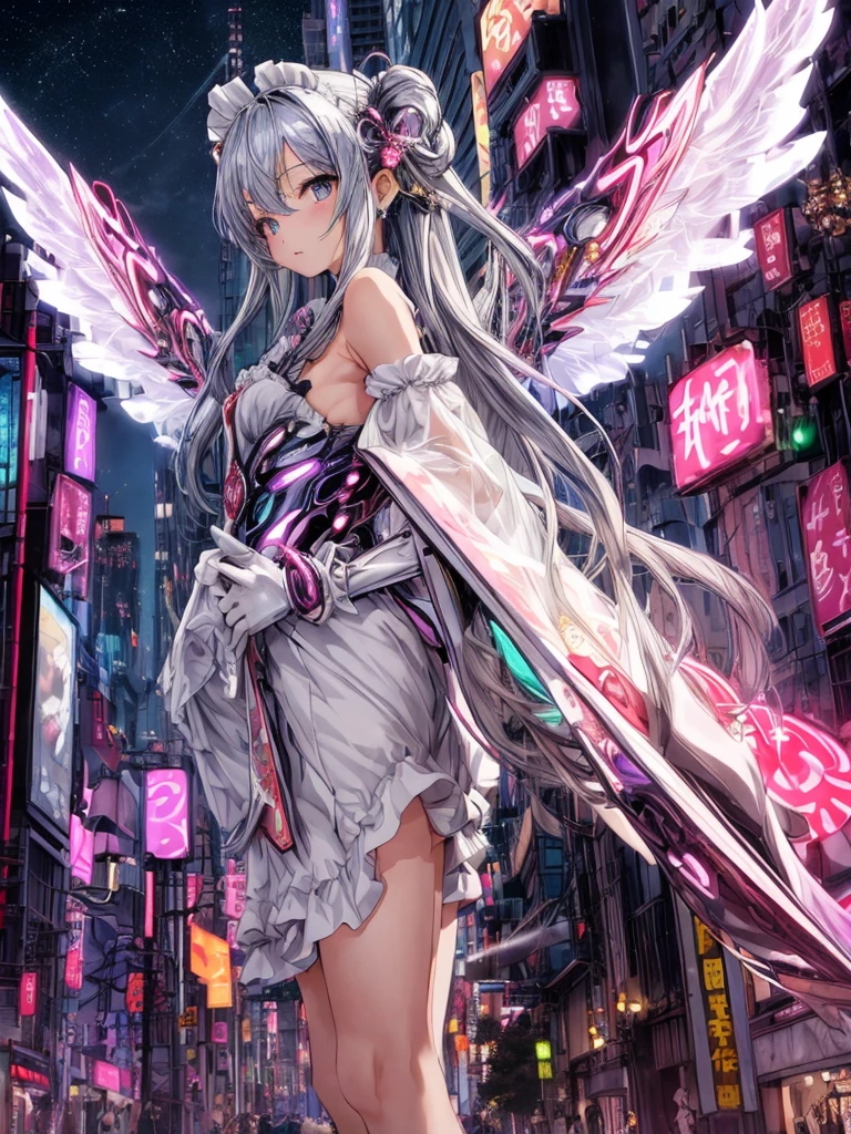 top-quality、ighly detailed、​masterpiece、((1girl in))、silber hair、length hair、Floating hair、、Cyber City、Neon building、(The upper part of the body:1.05)、extremely_Detailed_Eyes_And_Face,cybernetic wings mechanical wings、Random posture、Skyscraper、、Mechumusume、shrine maiden clothe,maid clothes、Random angles、anime styled,cowboy  shot