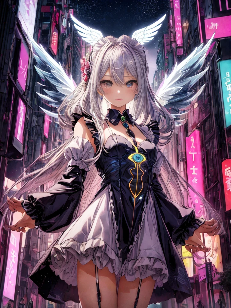 top-quality、ighly detailed、​masterpiece、((1girl in))、silber hair、length hair、Floating hair、、Cyber City、Neon building、(The upper part of the body:1.05)、extremely_Detailed_Eyes_And_Face,cybernetic wings mechanical wings、Random posture、Skyscraper、、Mechumusume、shrine maiden clothe,maid clothes、Random angles、anime styled,cowboy  shot