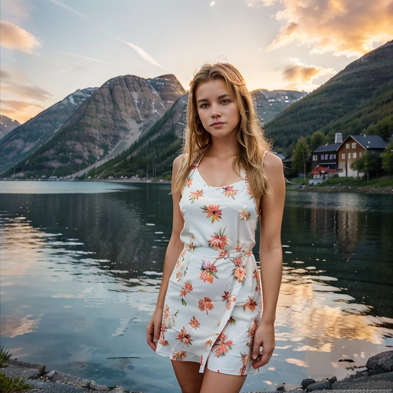 Female supermodel stands beside the lake Sandvinvatnet in the Norwegian town Odda. She wears a flowery, summer dress. Sunrise orange glow as lighting.