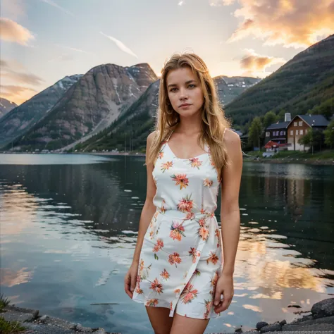 female supermodel stands beside the lake sandvinvatnet in the norwegian town odda. she wears a flowery, summer dress. sunrise or...